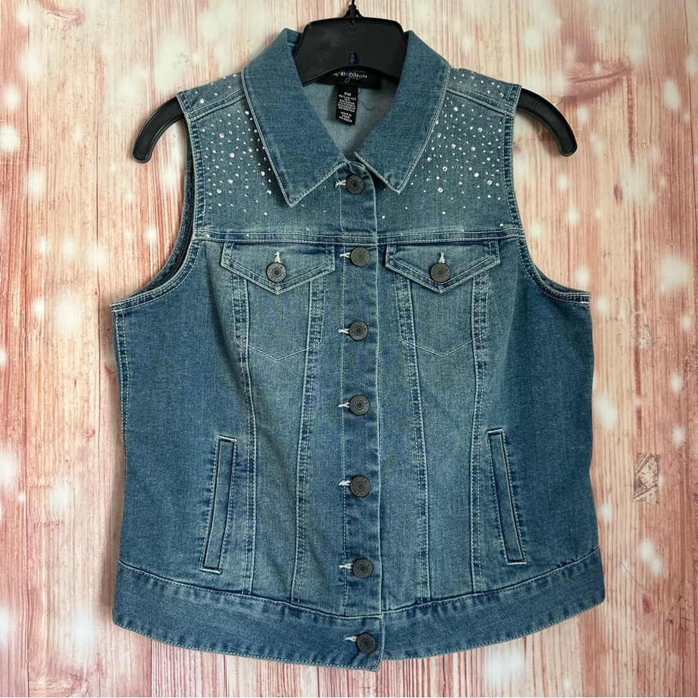 Style & Co Petite Western Festival Rhinestone Jewel Studded Denim Vest Size MP